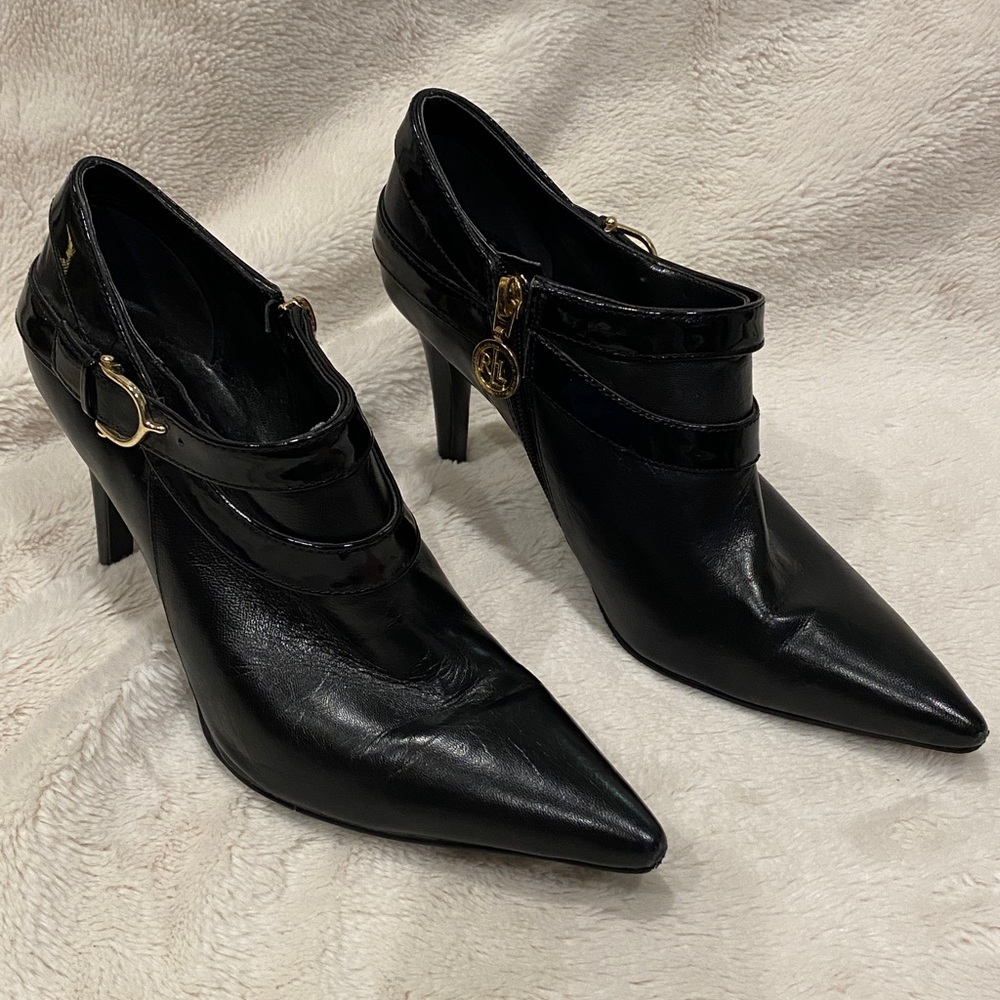 Lauren Ralph Lauren Ahava Black Leather Pointy Shoe Booties Ankle Boots Sz 8 VGC